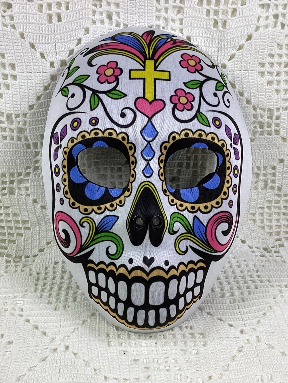 White Sugar Skull Party Mask with Colorful Floral Design